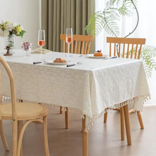 Alt view image 4 of 7 - Oil Proof Rectangular Table Cloth Rectangle Table Tablecloth Floral Cotton Fabric Waterproof Farmhouse Printed Daisy Floral Tablecloth 55x86inch,6-8 Seats,Beige