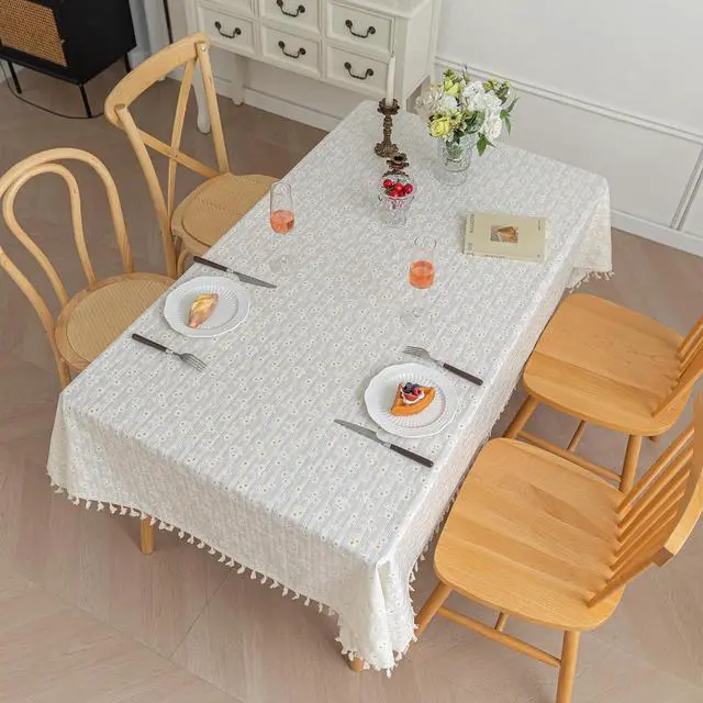 Alt view image 3 of 7 - Oil Proof Rectangular Table Cloth Rectangle Table Tablecloth Floral Cotton Fabric Waterproof Farmhouse Printed Daisy Floral Tablecloth 55x86inch,6-8 Seats,Beige