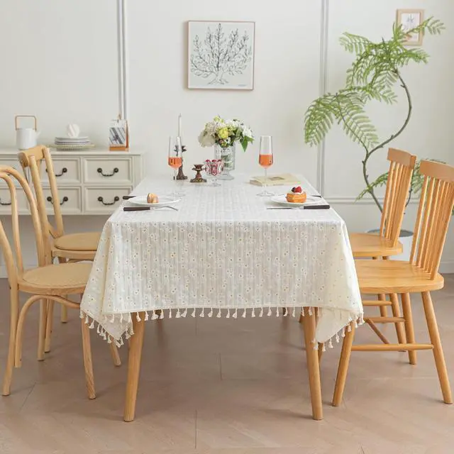 Alt view image 6 of 7 - Oil Proof Rectangular Table Cloth Rectangle Table Tablecloth Floral Cotton Fabric Waterproof Farmhouse Printed Daisy Floral Tablecloth 55x86inch,6-8 Seats,Beige