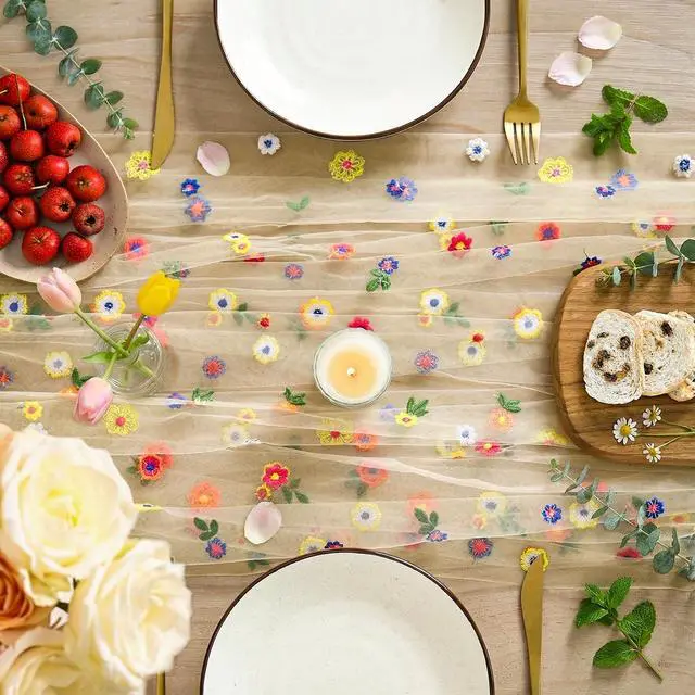 Alt view image 2 of 6 - Artoid Mode Champagne Embroidery Daisy Gauze Table Runner 120 Inch 10FT | Seasonal Sheer Kitchen Dining Holiday Wedding Birthday Table Decor for Home Party