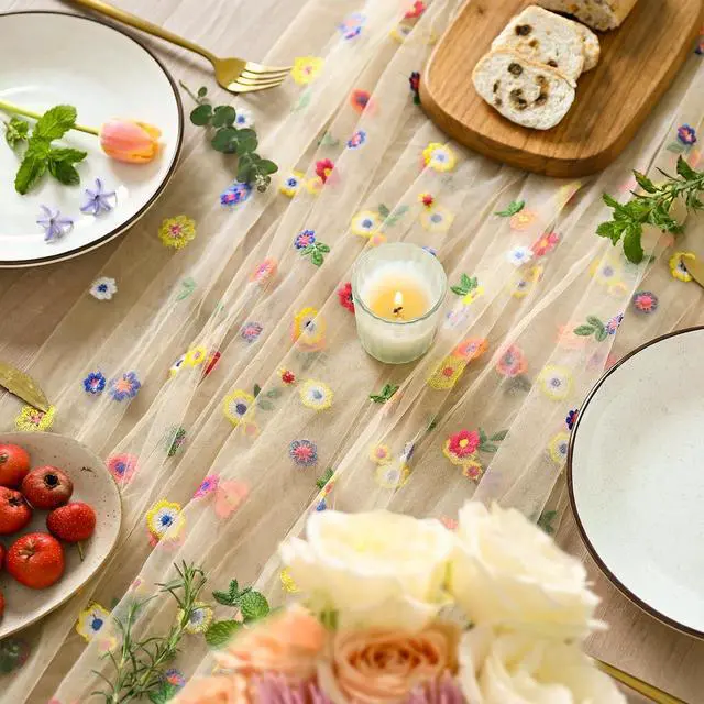 Alt view image 3 of 6 - Artoid Mode Champagne Embroidery Daisy Gauze Table Runner 120 Inch 10FT | Seasonal Sheer Kitchen Dining Holiday Wedding Birthday Table Decor for Home Party