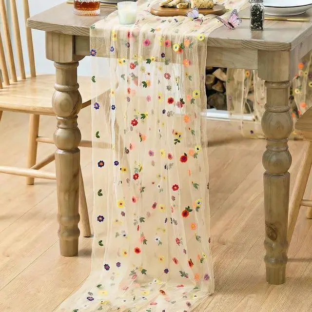 Alt view image 4 of 6 - Artoid Mode Champagne Embroidery Daisy Gauze Table Runner 120 Inch 10FT | Seasonal Sheer Kitchen Dining Holiday Wedding Birthday Table Decor for Home Party