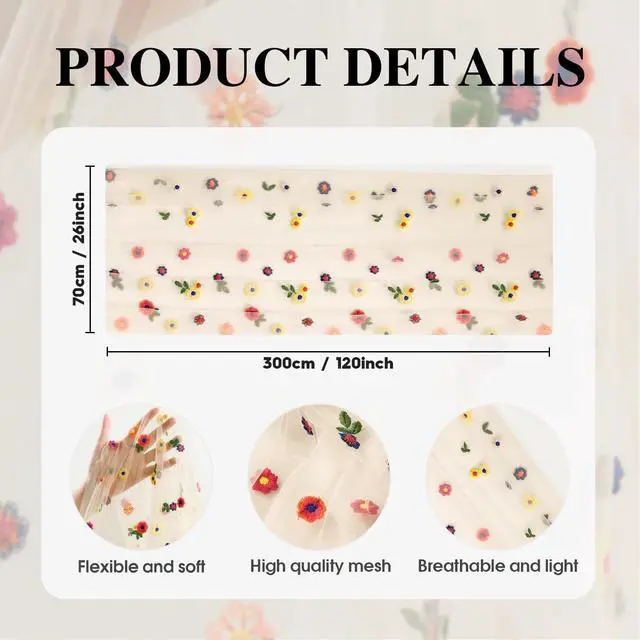 Alt view image 6 of 6 - Artoid Mode Champagne Embroidery Daisy Gauze Table Runner 120 Inch 10FT | Seasonal Sheer Kitchen Dining Holiday Wedding Birthday Table Decor for Home Party