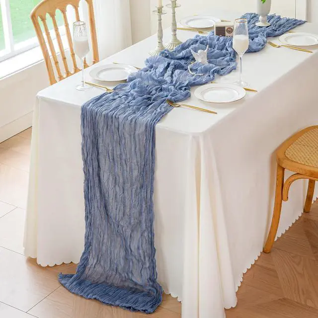 Alt view image 3 of 6 - Sioloc Dusty Blue Cheesecloth Table Runner 120'' x 35'',Spring Easter Decor Soft Gauze Boho Wedding Table Decor for 10ft Table Birthday Party,Baby Shower, Bridal Shower, Home & Event Decor