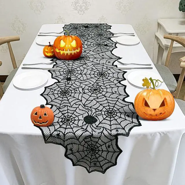 Alt view image 6 of 7 - Halloween Table Runner,Black Lace Spider Web Table Runners,18 x 72 Inch | Black Lace Spider Web Table Runners for Halloween Decor,Vivid Polyester Spider Web Table Runner for Halloween Decoration