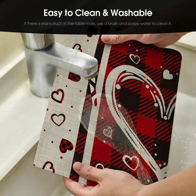 Alt view image 3 of 7 - Artoid Mode Hearts Vinyl Valentine's Day Placemats Set of 4, 12x18 Inch Wipeable Non-Slip PVC Place Mats for Party Kitchen Dining Decor