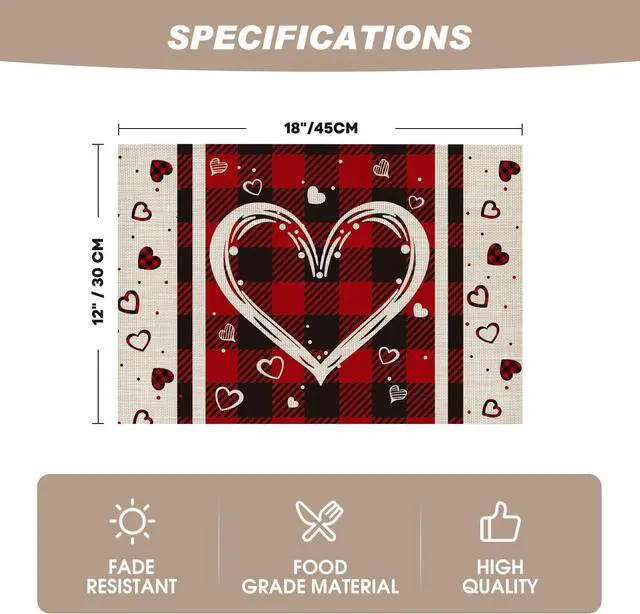Alt view image 6 of 7 - Artoid Mode Hearts Vinyl Valentine's Day Placemats Set of 4, 12x18 Inch Wipeable Non-Slip PVC Place Mats for Party Kitchen Dining Decor