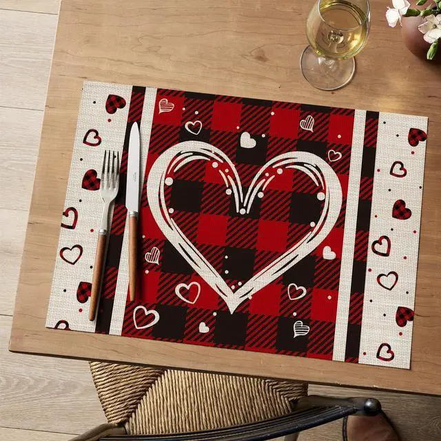Alt view image 2 of 7 - Artoid Mode Hearts Vinyl Valentine's Day Placemats Set of 4, 12x18 Inch Wipeable Non-Slip PVC Place Mats for Party Kitchen Dining Decor