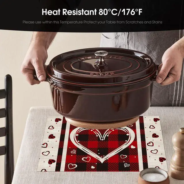 Alt view image 4 of 7 - Artoid Mode Hearts Vinyl Valentine's Day Placemats Set of 4, 12x18 Inch Wipeable Non-Slip PVC Place Mats for Party Kitchen Dining Decor