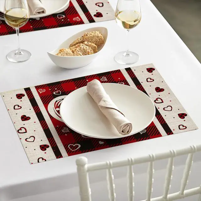 Alt view image 5 of 7 - Artoid Mode Hearts Vinyl Valentine's Day Placemats Set of 4, 12x18 Inch Wipeable Non-Slip PVC Place Mats for Party Kitchen Dining Decor