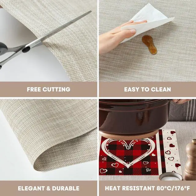 Alt view image 7 of 7 - Artoid Mode Hearts Vinyl Valentine's Day Placemats Set of 4, 12x18 Inch Wipeable Non-Slip PVC Place Mats for Party Kitchen Dining Decor