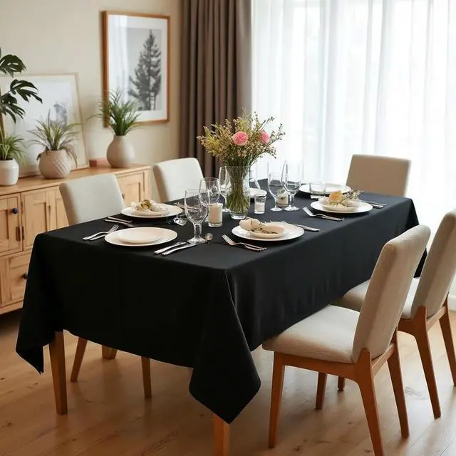 Alt view image 2 of 7 - sancua Rectangle Tablecloth, 60 x 84 Inch, Black | Stain and Wrinkle Resistant, Washable Polyester Cloth, Decorative Fabric Cover, For Dining Tables, Buffet Parties and Camping