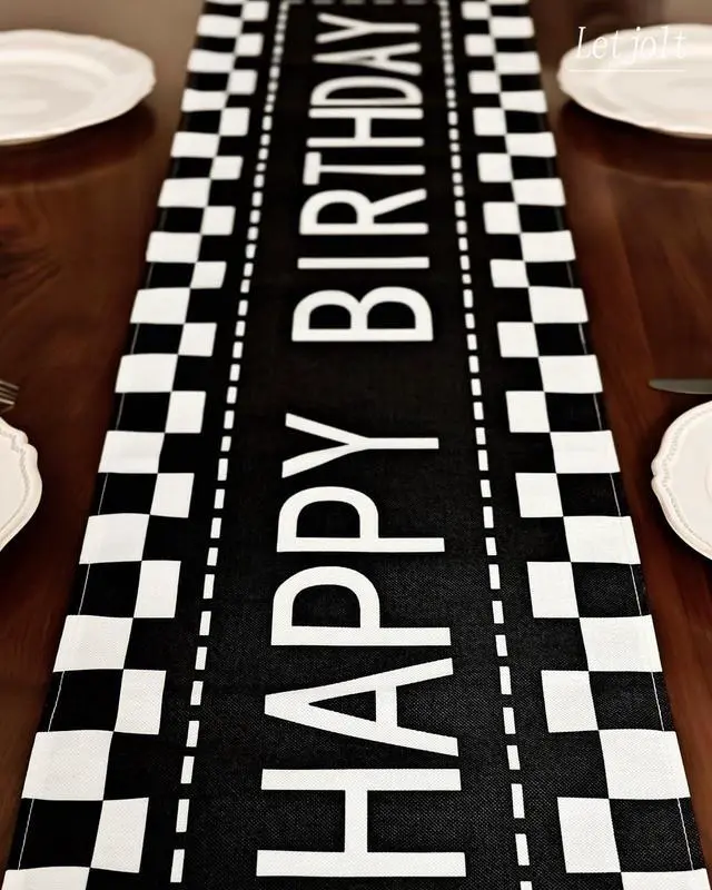 Alt view image 2 of 6 - Letjolt Happy Birthday Table Runner Black Checkerboard 72 Inches | Checkerboard Racing Theme, Party Sign, Linen-Like Fabric