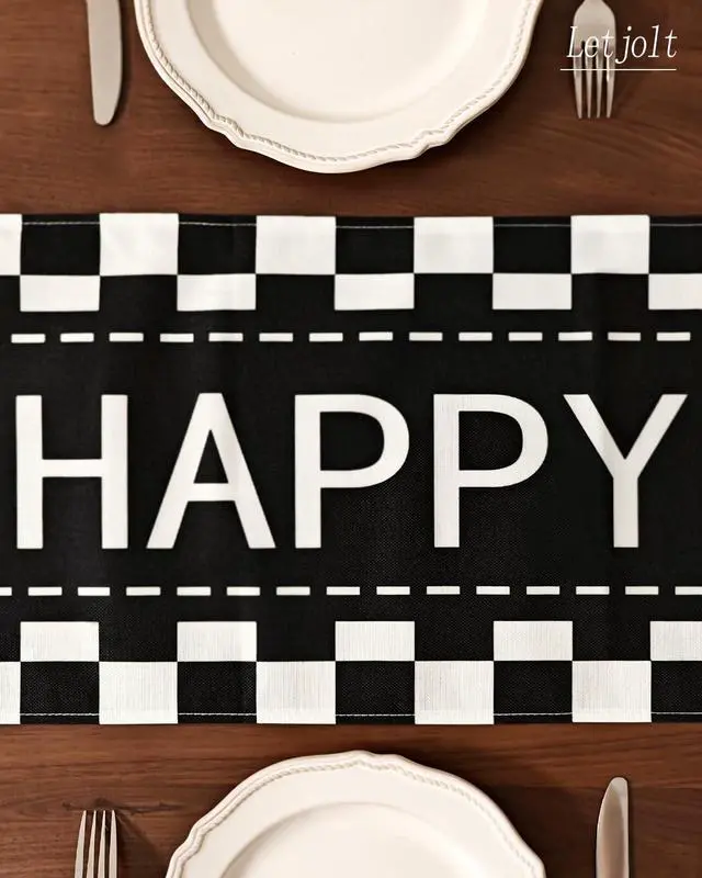 Alt view image 3 of 6 - Letjolt Happy Birthday Table Runner Black Checkerboard 72 Inches | Checkerboard Racing Theme, Party Sign, Linen-Like Fabric