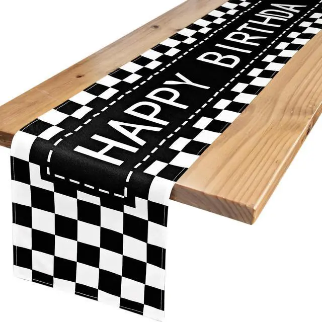 Main image of Letjolt Happy Birthday Table Runner Black Checkerboard 72 Inches | Checkerboard Racing Theme, Party Sign, Linen-Like Fabric