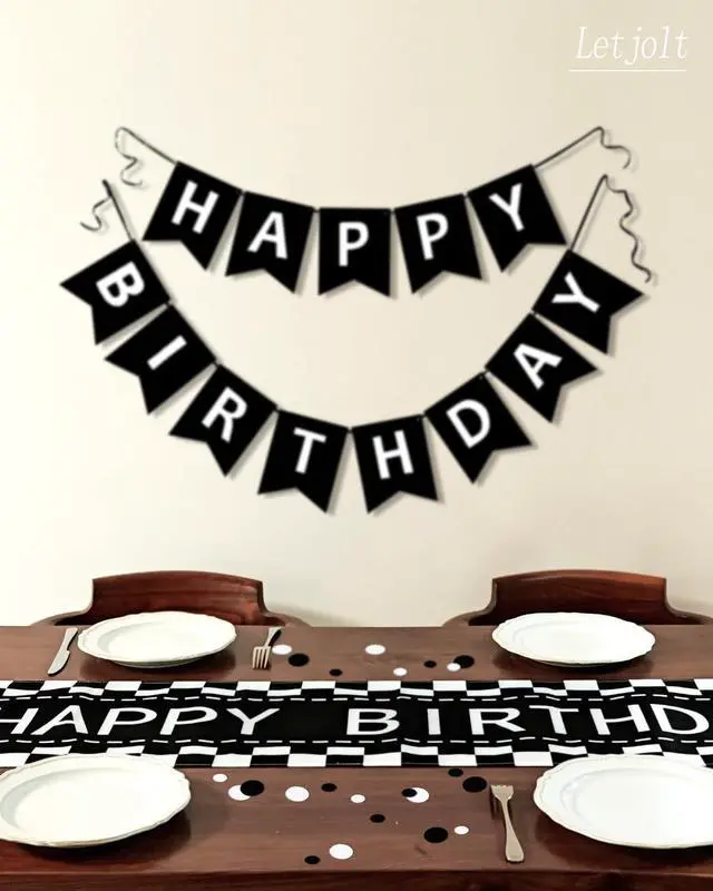 Alt view image 4 of 6 - Letjolt Happy Birthday Table Runner Black Checkerboard 72 Inches | Checkerboard Racing Theme, Party Sign, Linen-Like Fabric