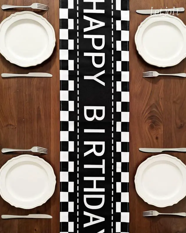 Alt view image 5 of 6 - Letjolt Happy Birthday Table Runner Black Checkerboard 72 Inches | Checkerboard Racing Theme, Party Sign, Linen-Like Fabric