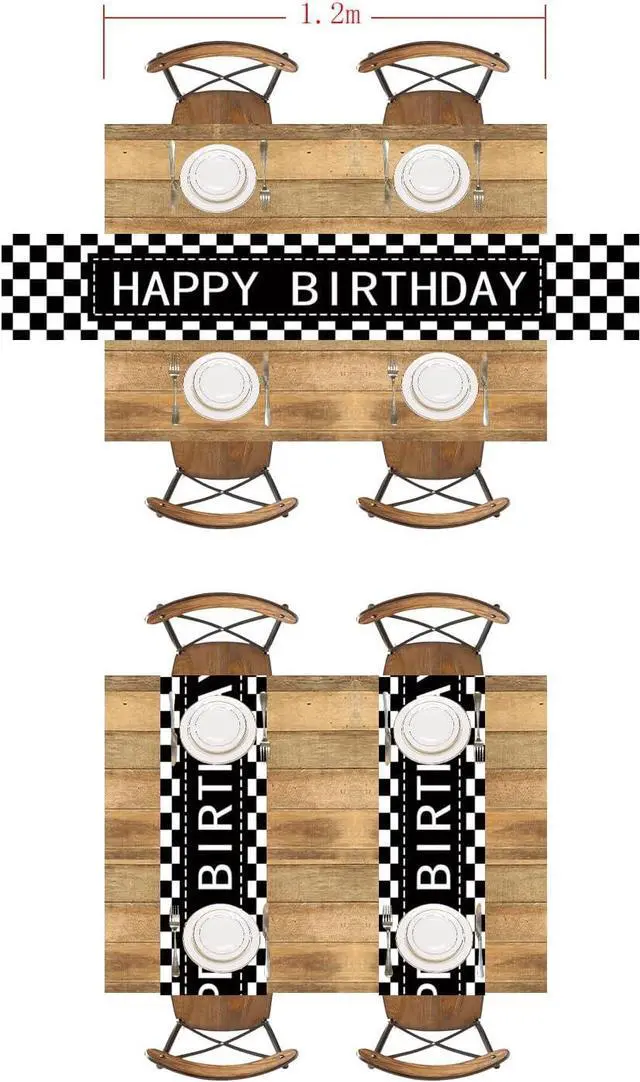 Alt view image 6 of 6 - Letjolt Happy Birthday Table Runner Black Checkerboard 72 Inches | Checkerboard Racing Theme, Party Sign, Linen-Like Fabric