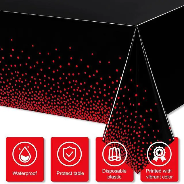 Alt view image 3 of 7 - Breling 3 Pcs Black Red Dot Tablecloth Plastic Disposable Table Cover | 54 x 108 Inch, Waterproof Oilproof, Rectangle Table Cloth, Birthday Wedding Engagement Anniversary Bachelorette Party Decor