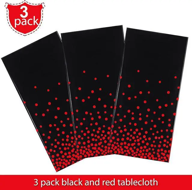 Alt view image 4 of 7 - Breling 3 Pcs Black Red Dot Tablecloth Plastic Disposable Table Cover | 54 x 108 Inch, Waterproof Oilproof, Rectangle Table Cloth, Birthday Wedding Engagement Anniversary Bachelorette Party Decor