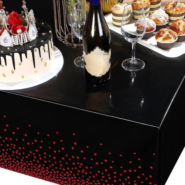Alt view image 5 of 7 - Breling 3 Pcs Black Red Dot Tablecloth Plastic Disposable Table Cover | 54 x 108 Inch, Waterproof Oilproof, Rectangle Table Cloth, Birthday Wedding Engagement Anniversary Bachelorette Party Decor