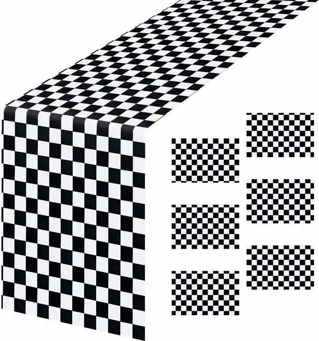 Main image of 6 Pcs Checkered Table Runner Plastic 14 x 108 Inch Disposable Black and White Runner for Birthday Baby Shower Racing Party Decorations Race Car Table Runner