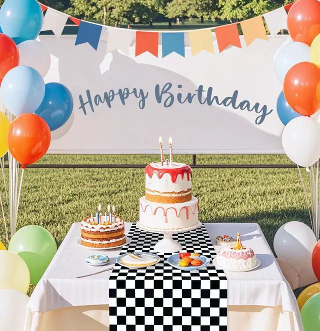 Alt view image 3 of 6 - 6 Pcs Checkered Table Runner Plastic 14 x 108 Inch Disposable Black and White Runner for Birthday Baby Shower Racing Party Decorations Race Car Table Runner
