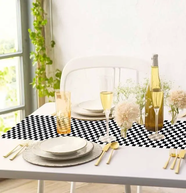 Alt view image 4 of 6 - 6 Pcs Checkered Table Runner Plastic 14 x 108 Inch Disposable Black and White Runner for Birthday Baby Shower Racing Party Decorations Race Car Table Runner