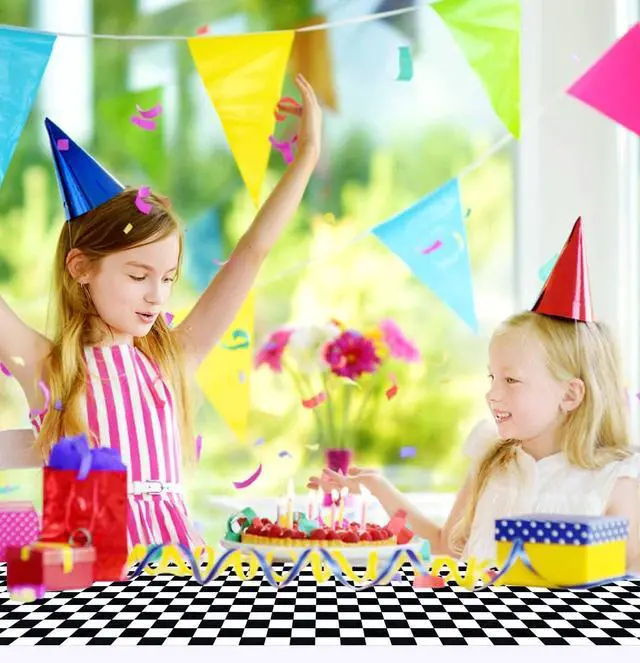 Alt view image 5 of 6 - 6 Pcs Checkered Table Runner Plastic 14 x 108 Inch Disposable Black and White Runner for Birthday Baby Shower Racing Party Decorations Race Car Table Runner
