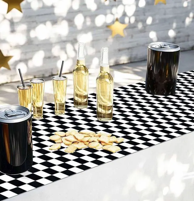 Alt view image 6 of 6 - 6 Pcs Checkered Table Runner Plastic 14 x 108 Inch Disposable Black and White Runner for Birthday Baby Shower Racing Party Decorations Race Car Table Runner