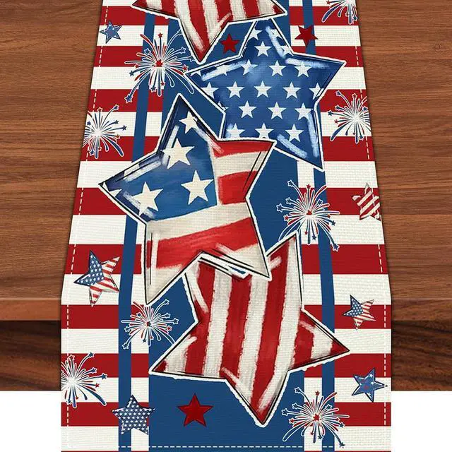Main image of 72 x 13 Inch 4th of July Table Runner, Patriotic Stars and Stripes Table Runner with Fireworks Design, Red White Blue American Flag Style Dining Decor for Independence Day