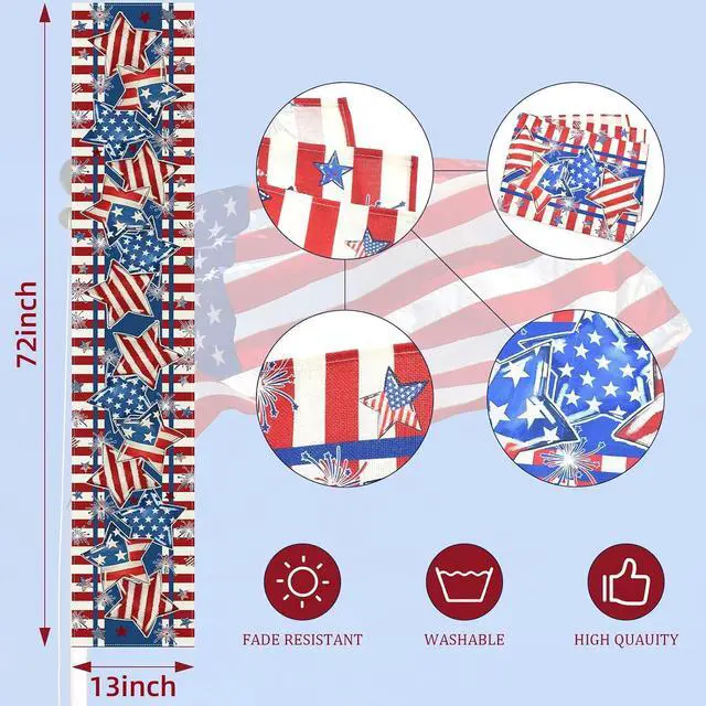 Alt view image 2 of 6 - 72 x 13 Inch 4th of July Table Runner, Patriotic Stars and Stripes Table Runner with Fireworks Design, Red White Blue American Flag Style Dining Decor for Independence Day