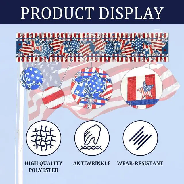Alt view image 3 of 6 - 72 x 13 Inch 4th of July Table Runner, Patriotic Stars and Stripes Table Runner with Fireworks Design, Red White Blue American Flag Style Dining Decor for Independence Day