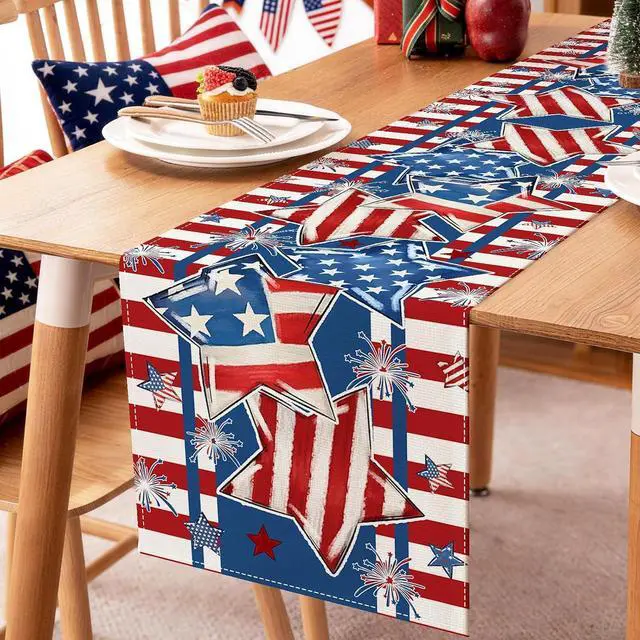 Alt view image 5 of 6 - 72 x 13 Inch 4th of July Table Runner, Patriotic Stars and Stripes Table Runner with Fireworks Design, Red White Blue American Flag Style Dining Decor for Independence Day