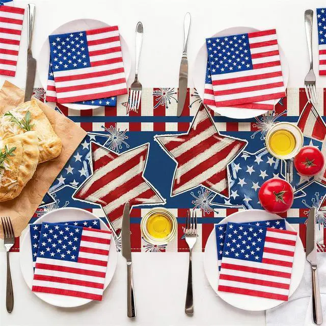 Alt view image 4 of 6 - 72 x 13 Inch 4th of July Table Runner, Patriotic Stars and Stripes Table Runner with Fireworks Design, Red White Blue American Flag Style Dining Decor for Independence Day
