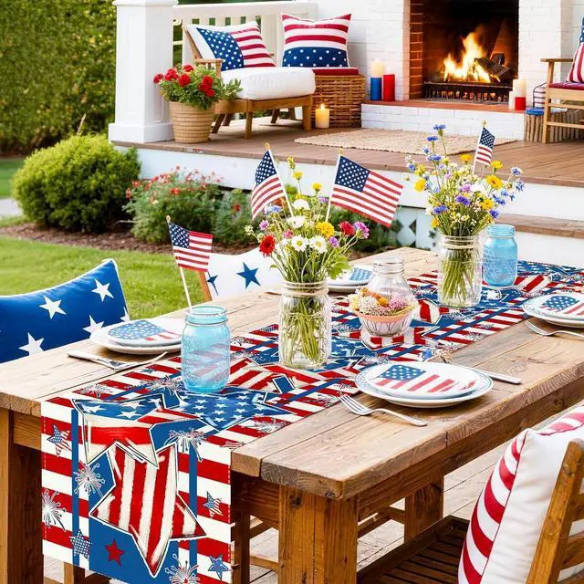 Alt view image 6 of 6 - 72 x 13 Inch 4th of July Table Runner, Patriotic Stars and Stripes Table Runner with Fireworks Design, Red White Blue American Flag Style Dining Decor for Independence Day