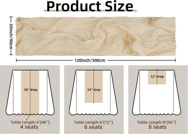 Alt view image 2 of 6 - FEXIA Beige Cheesecloth Table Runner Gauze Rustic Boho Party Decoration | 35x120 Inches, Fall Ivory Gauze Table Runner for Wedding Party Engagement Bridal Shower Home Decor Birthday Decoration