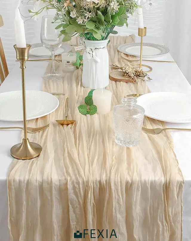 Alt view image 5 of 6 - FEXIA Beige Cheesecloth Table Runner Gauze Rustic Boho Party Decoration | 35x120 Inches, Fall Ivory Gauze Table Runner for Wedding Party Engagement Bridal Shower Home Decor Birthday Decoration
