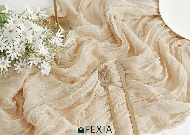 Alt view image 3 of 6 - FEXIA Beige Cheesecloth Table Runner Gauze Rustic Boho Party Decoration | 35x120 Inches, Fall Ivory Gauze Table Runner for Wedding Party Engagement Bridal Shower Home Decor Birthday Decoration