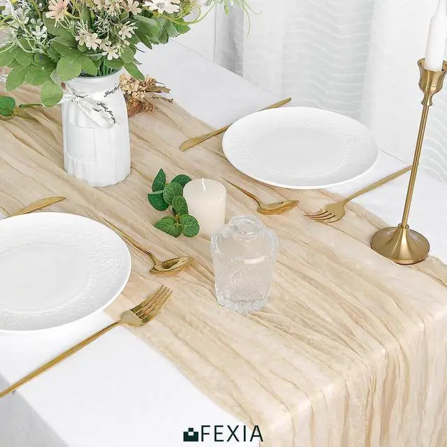 Alt view image 4 of 6 - FEXIA Beige Cheesecloth Table Runner Gauze Rustic Boho Party Decoration | 35x120 Inches, Fall Ivory Gauze Table Runner for Wedding Party Engagement Bridal Shower Home Decor Birthday Decoration