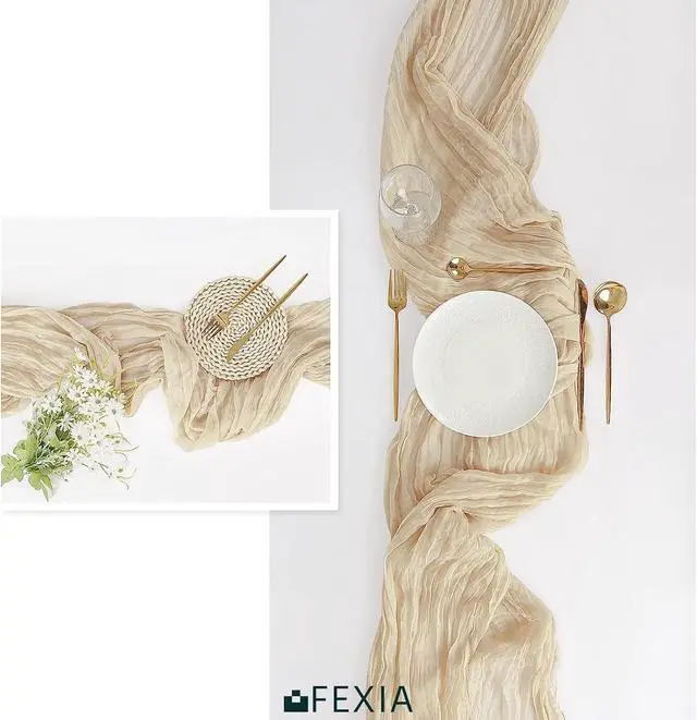 Alt view image 6 of 6 - FEXIA Beige Cheesecloth Table Runner Gauze Rustic Boho Party Decoration | 35x120 Inches, Fall Ivory Gauze Table Runner for Wedding Party Engagement Bridal Shower Home Decor Birthday Decoration