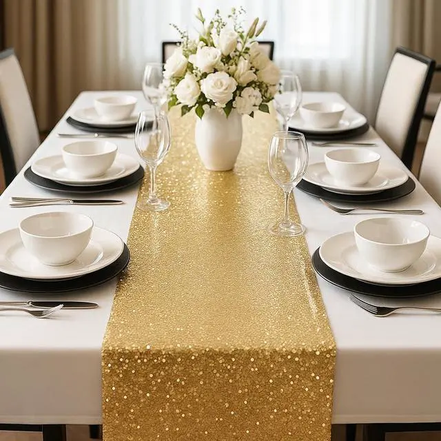 Alt view image 5 of 5 - 2 Packs Gold Glitter Sequin Table Runners- 12"x72" for Birthday, Wedding, Pre-Wedding Party, Celebration, Festival Decoration