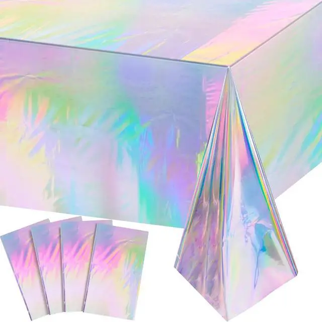 Main image of FunnyPars 4 Pack Iridescent Plastic Tablecloths, Disposable Table Covers | Shiny Laser Rectangle Holographic Foil Tablecloth for Iridescent Birthday Party Supplies Decorations