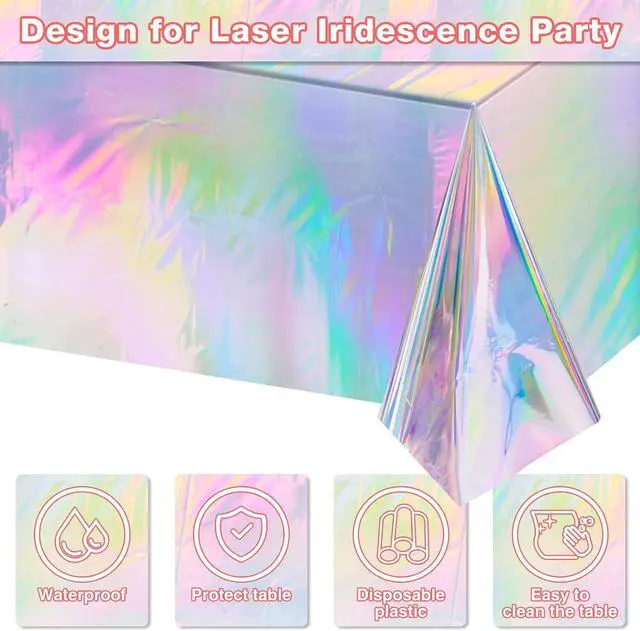 Alt view image 3 of 7 - FunnyPars 4 Pack Iridescent Plastic Tablecloths, Disposable Table Covers | Shiny Laser Rectangle Holographic Foil Tablecloth for Iridescent Birthday Party Supplies Decorations