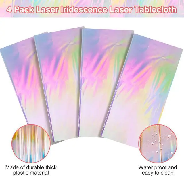 Alt view image 4 of 7 - FunnyPars 4 Pack Iridescent Plastic Tablecloths, Disposable Table Covers | Shiny Laser Rectangle Holographic Foil Tablecloth for Iridescent Birthday Party Supplies Decorations