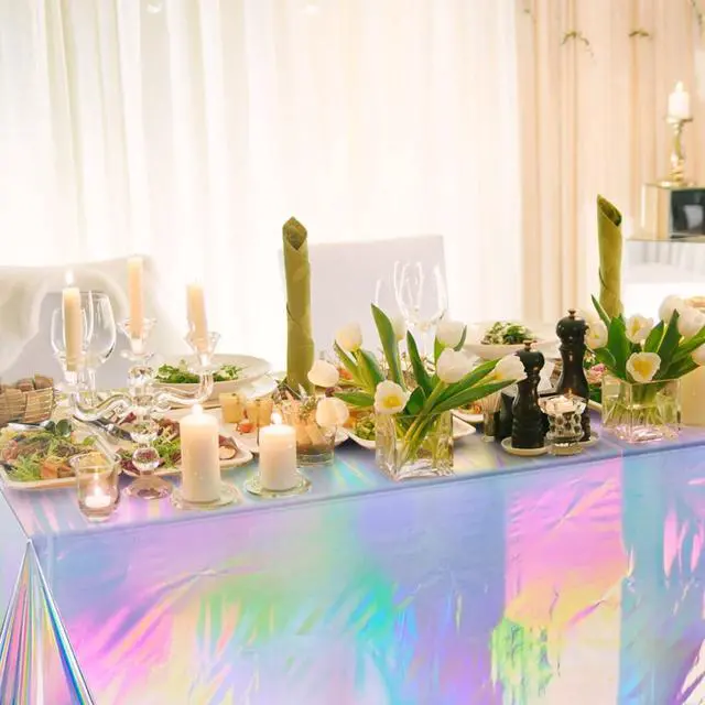 Alt view image 5 of 7 - FunnyPars 4 Pack Iridescent Plastic Tablecloths, Disposable Table Covers | Shiny Laser Rectangle Holographic Foil Tablecloth for Iridescent Birthday Party Supplies Decorations