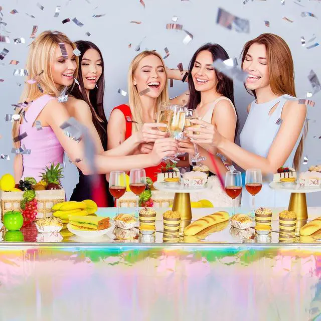 Alt view image 6 of 7 - FunnyPars 4 Pack Iridescent Plastic Tablecloths, Disposable Table Covers | Shiny Laser Rectangle Holographic Foil Tablecloth for Iridescent Birthday Party Supplies Decorations