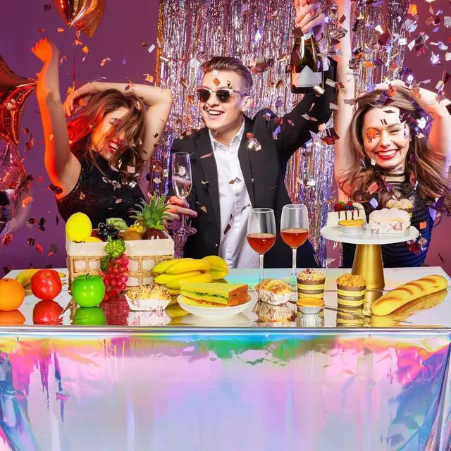 Alt view image 7 of 7 - FunnyPars 4 Pack Iridescent Plastic Tablecloths, Disposable Table Covers | Shiny Laser Rectangle Holographic Foil Tablecloth for Iridescent Birthday Party Supplies Decorations