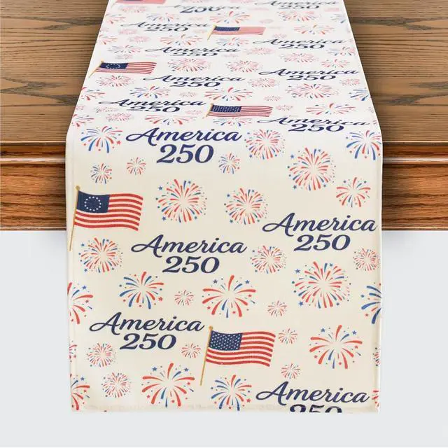 Main image of 250 Anniversary USA Flag Table Runner: 72 x 13 in Patriotic American Flag Fireworks Tablecloth Runner Decor for Memorial Day, 4th of July, Independence Day, Indoor Outdoor Summer Party Supplies