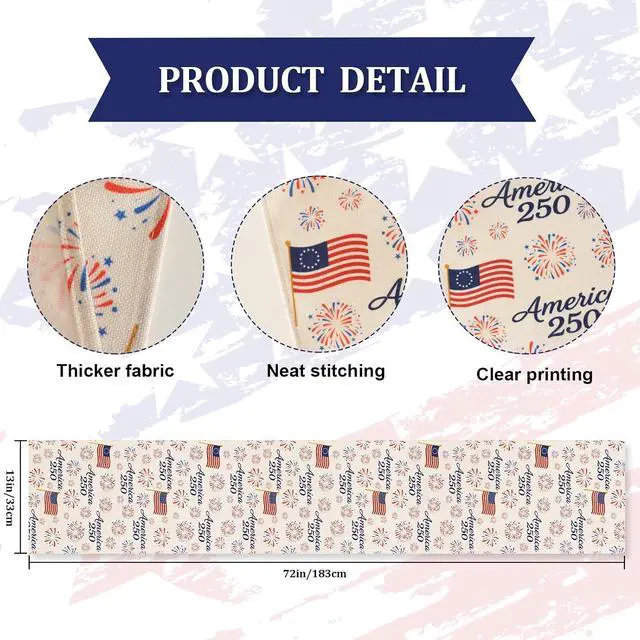 Alt view image 2 of 7 - 250 Anniversary USA Flag Table Runner: 72 x 13 in Patriotic American Flag Fireworks Tablecloth Runner Decor for Memorial Day, 4th of July, Independence Day, Indoor Outdoor Summer Party Supplies
